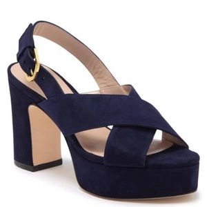 Stuart Weitzman Jerry Platform Heel Sandal Open Toe Suede Midnight Blue Size 9